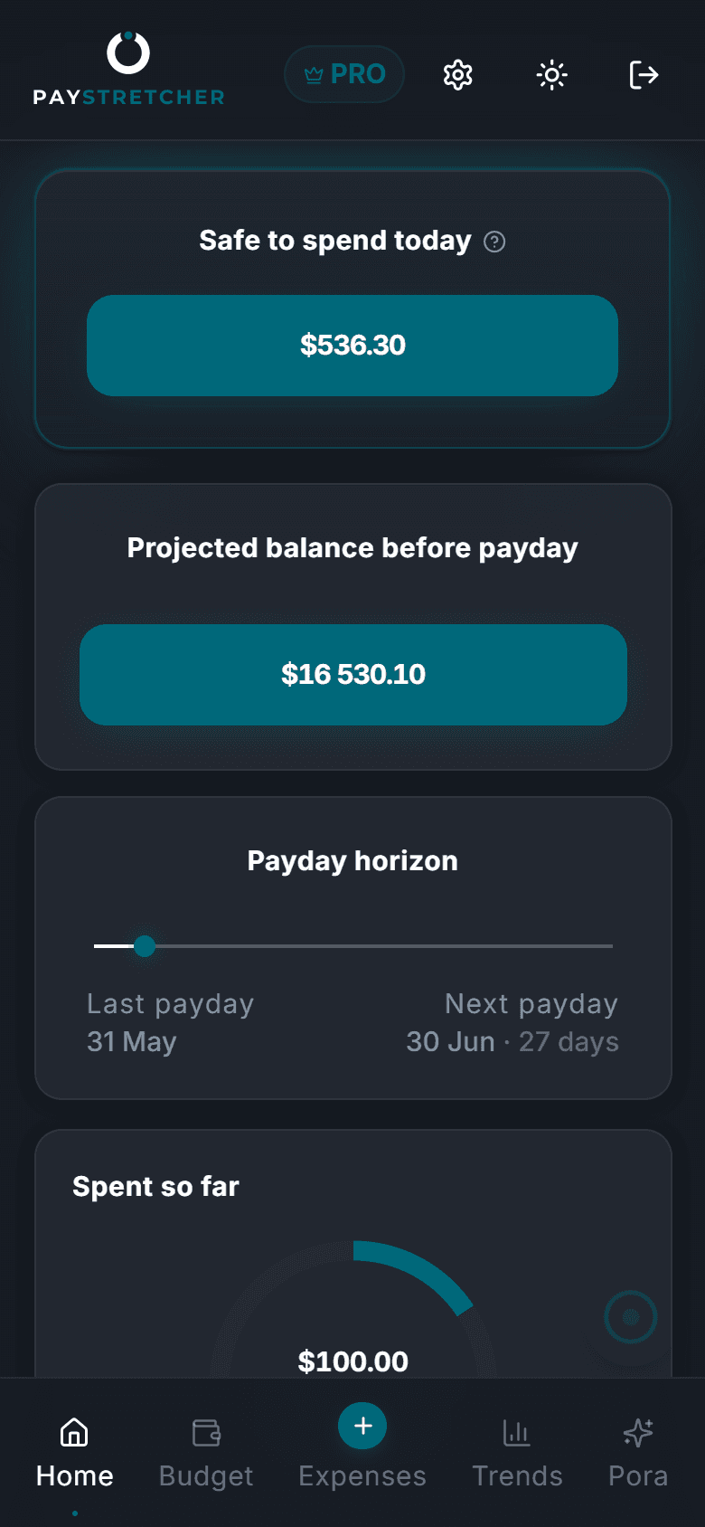 PayStretcher dashboard showing safe to spend today and projected balance